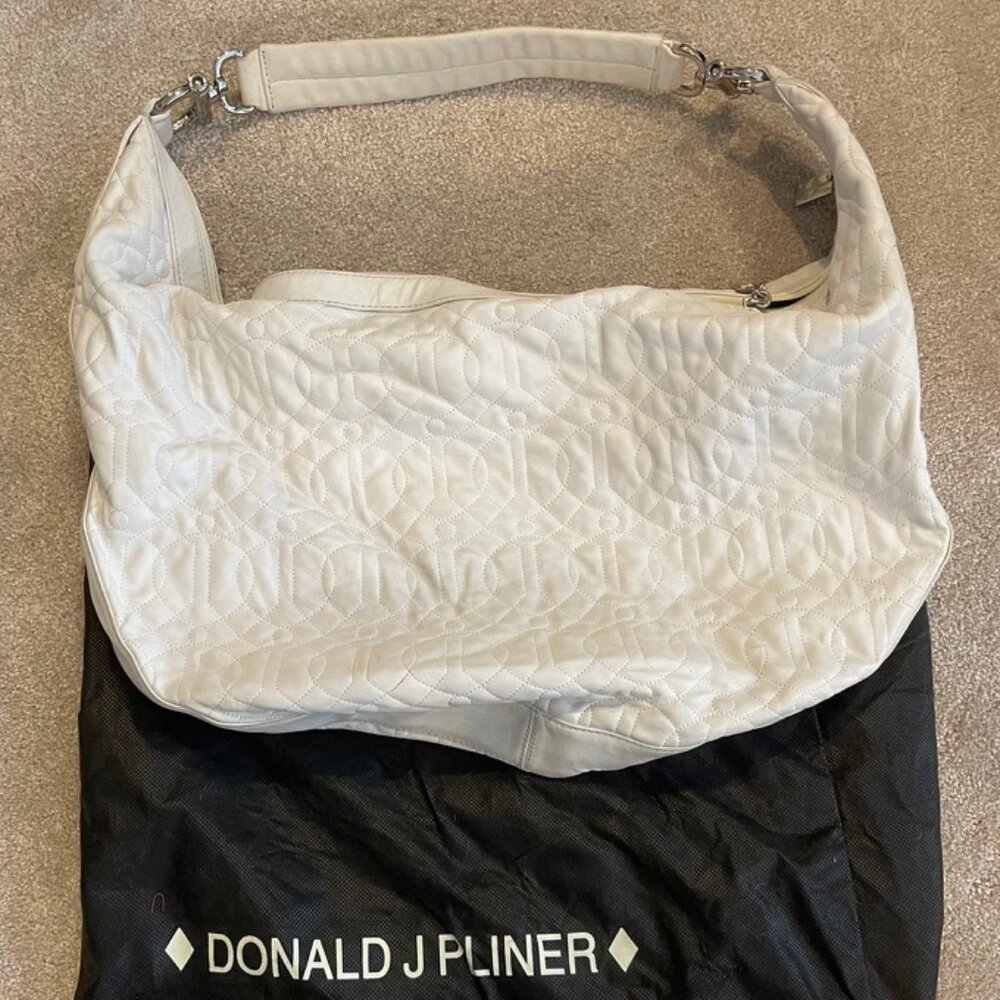 Donald J Pliner Large White Leather Purse w/ Stitching Pattern + Silver Hardware